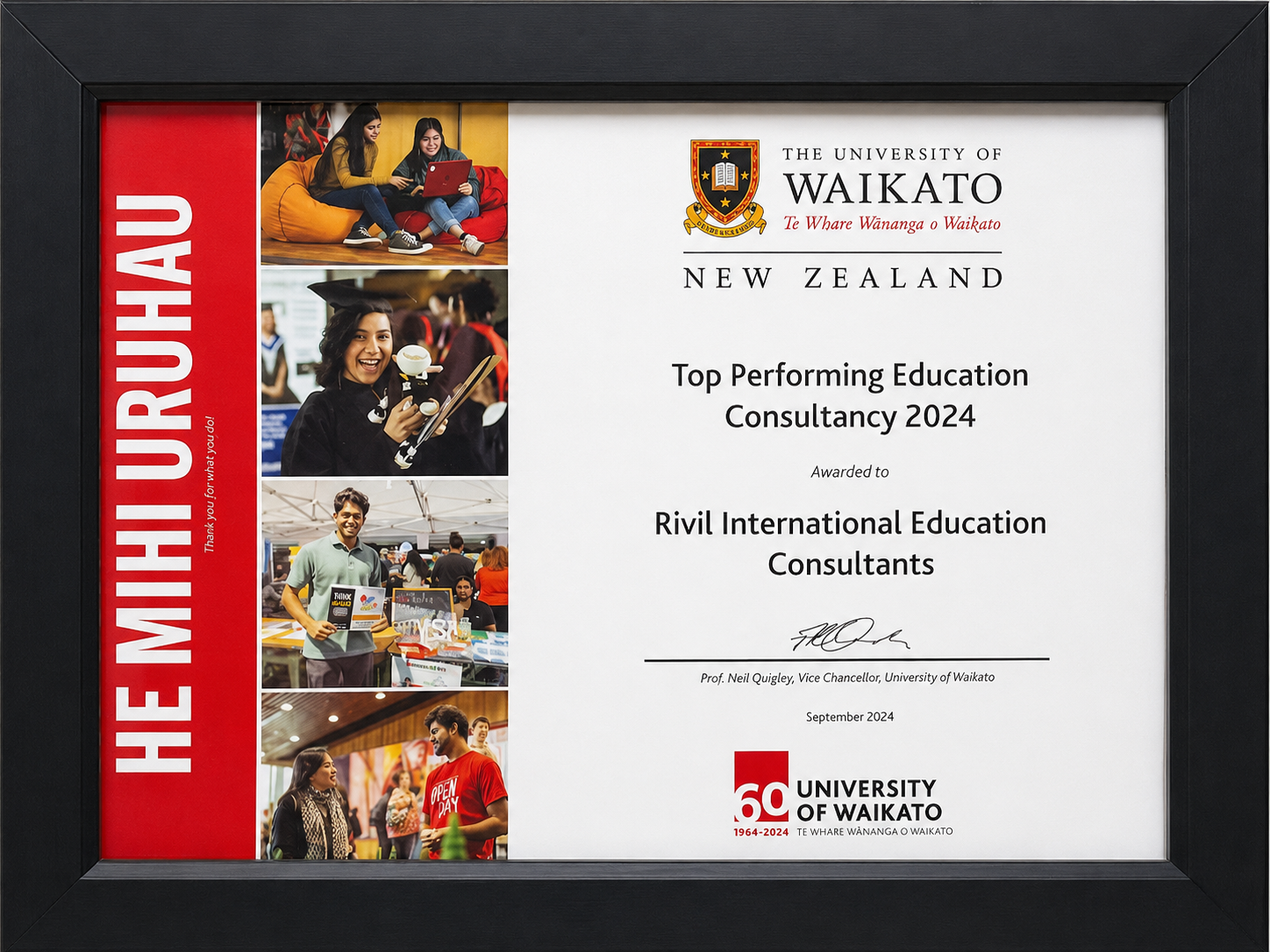 University of Waikato Top Performing Education Consultancy 2024 certificate