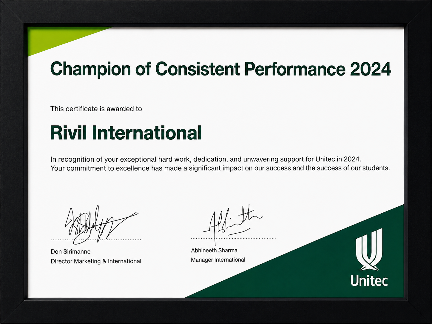 Unitec Champion of Consistent Performance 2024 certificate