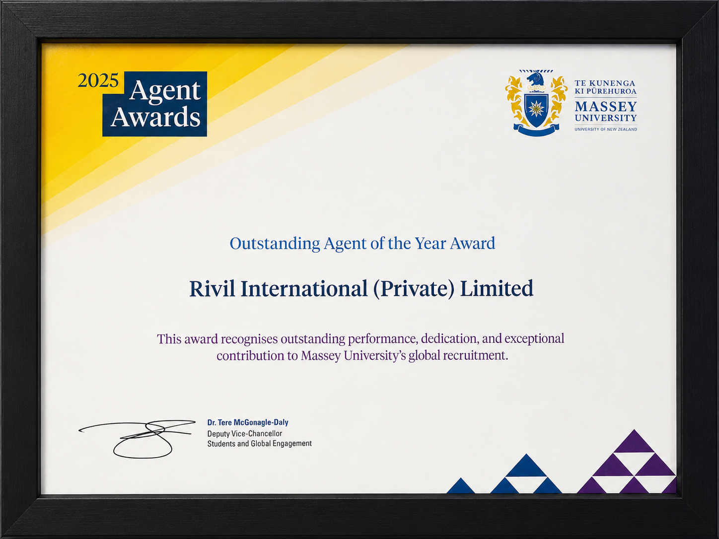 Massey University Outstanding Agent of the Year Award 2025 certificate