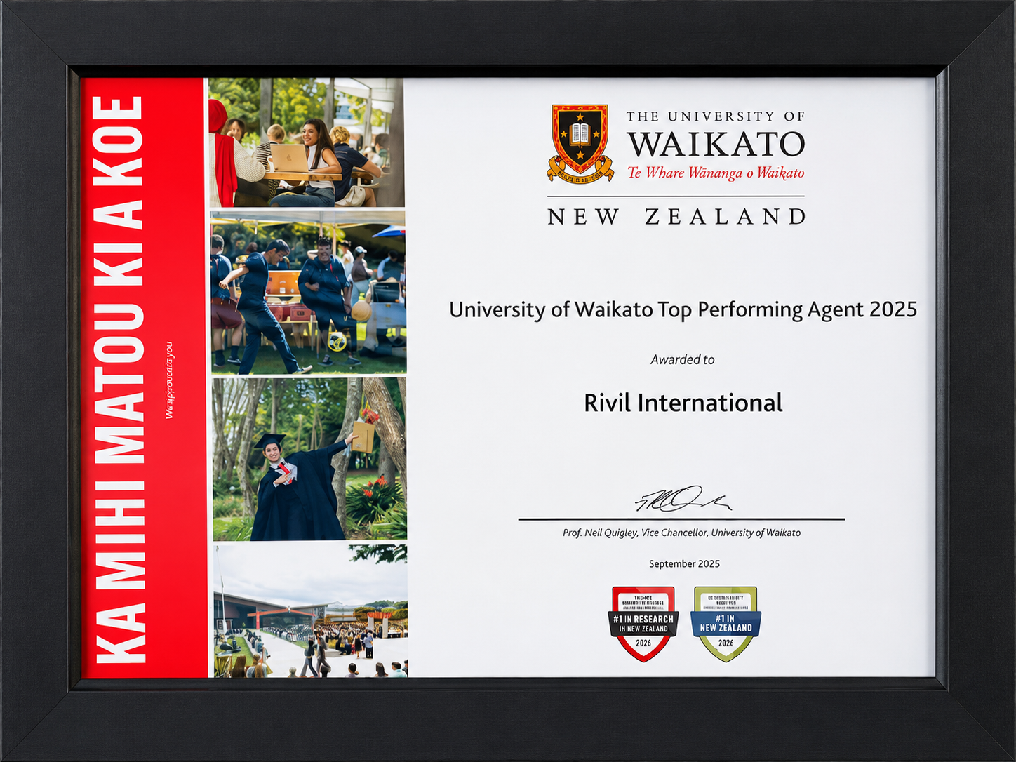 University of Waikato Top Performing Agent 2025 certificate