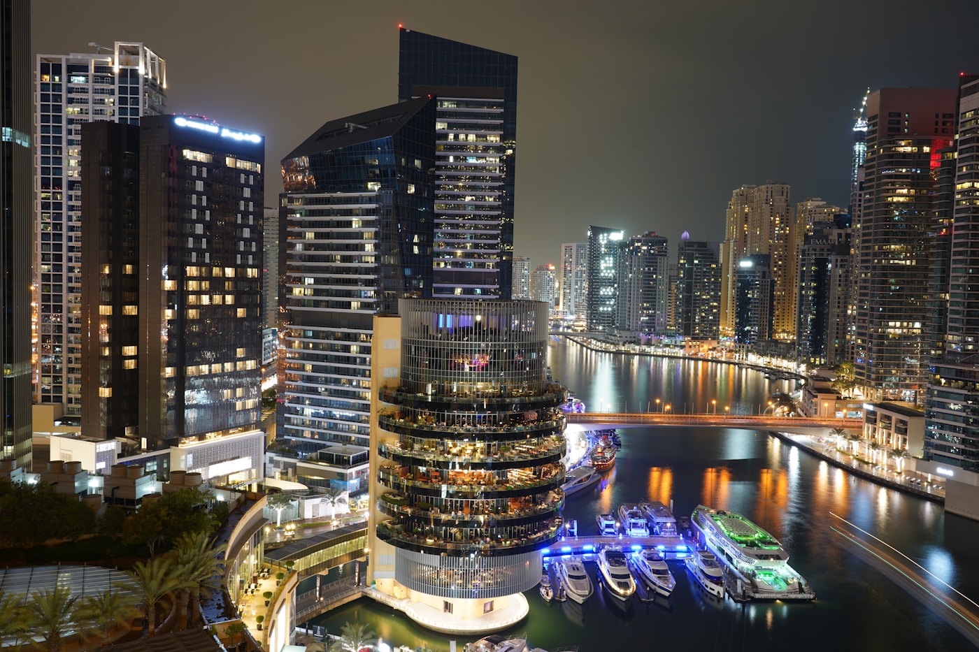 Dubai Marina skyline illuminated at night