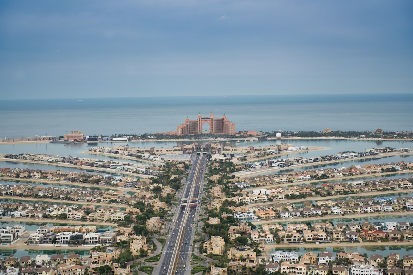 Aerial view across Palm Jumeirah and Dubai's coastline