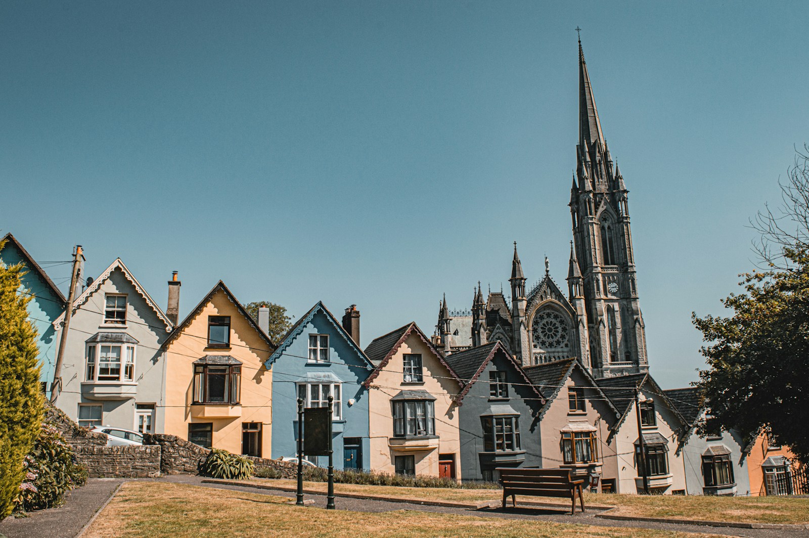 Colourful houses and St Colman's Cathedral in Cobh, County Cork