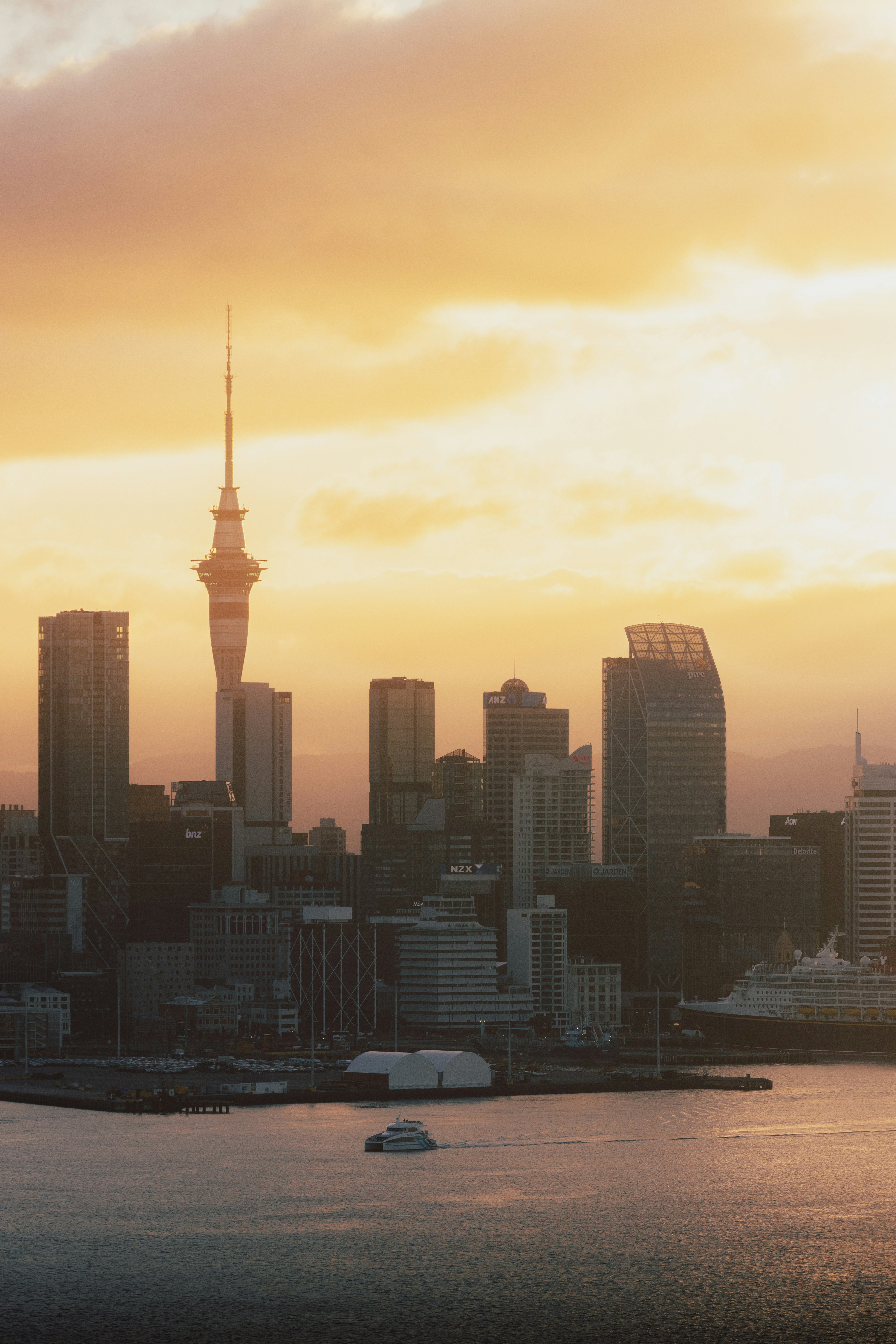 Auckland skyline and Sky Tower at golden hour