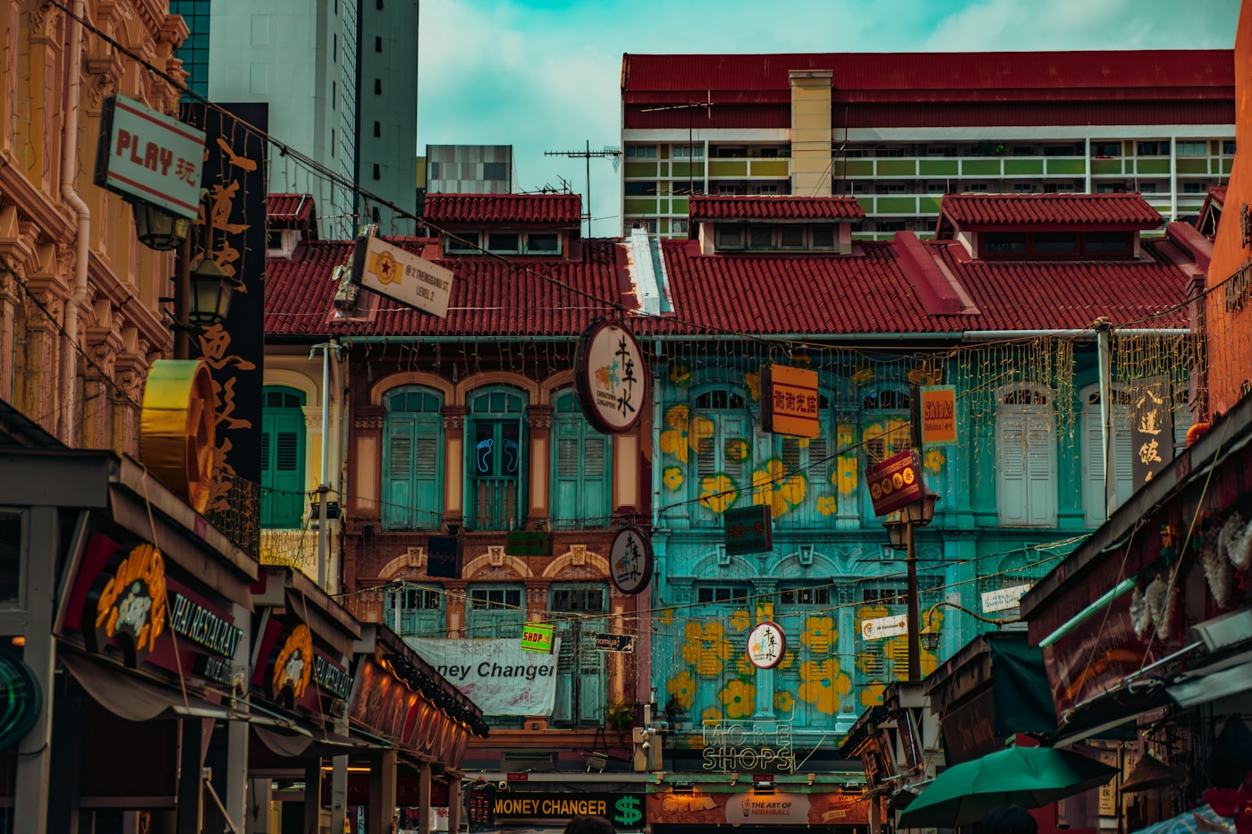 Colourful street and shophouses in Singapore Chinatown